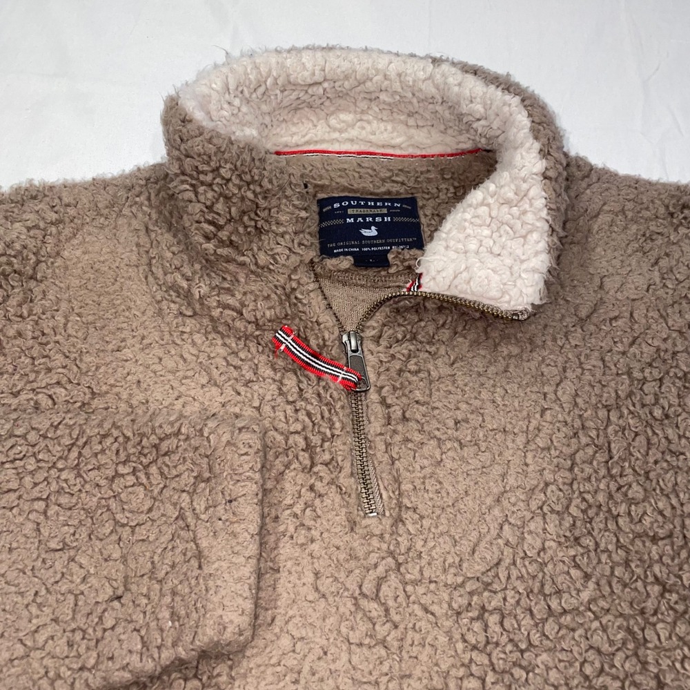 Southern Marsh Mens Sherpa Fleece Quarter Zip Pullover Taupe Brown Large